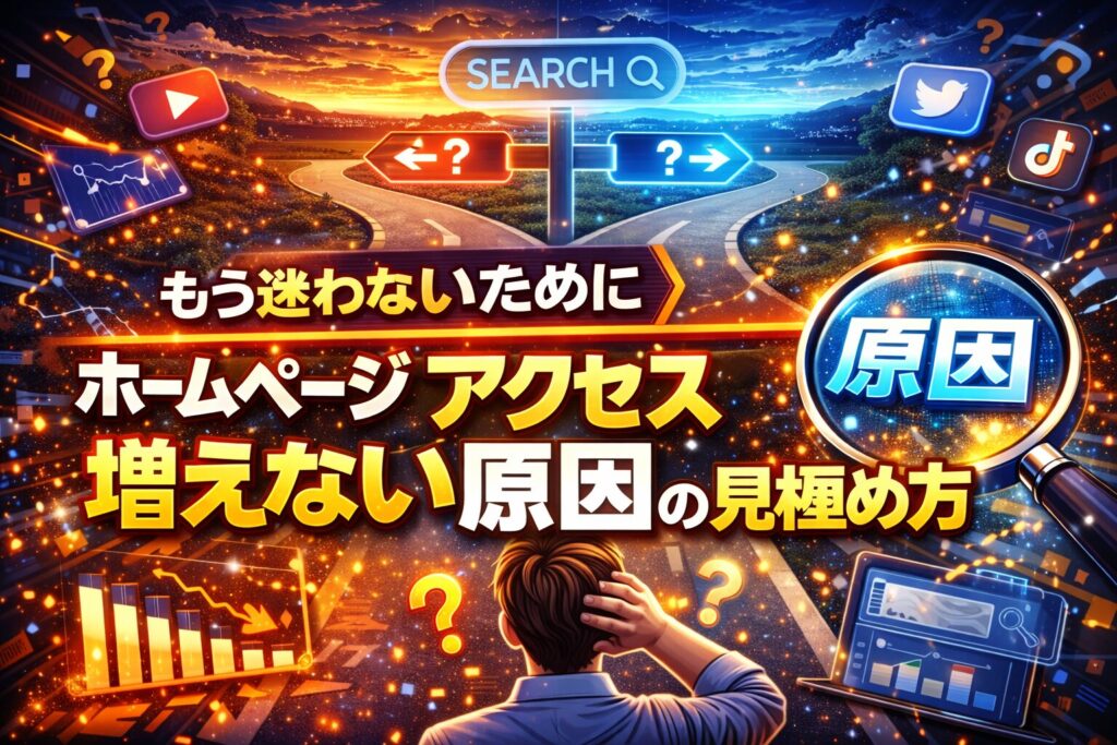 分岐点で立ち止まり原因を探す人物と検索・分析アイコンを通じて、ホームページ アクセス 増えない原因を見極める状況を表現したビジュアル