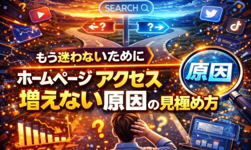 分岐点で立ち止まり原因を探す人物と検索・分析アイコンを通じて、ホームページ アクセス 増えない原因を見極める状況を表現したビジュアル