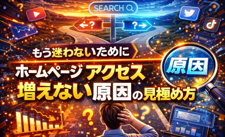 分岐点で立ち止まり原因を探す人物と検索・分析アイコンを通じて、ホームページ アクセス 増えない原因を見極める状況を表現したビジュアル