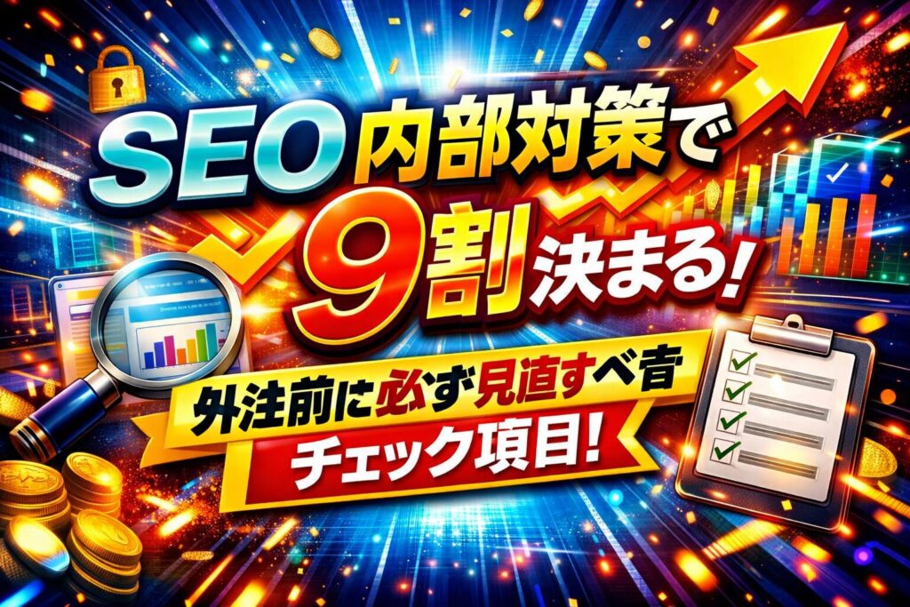 seo 内部対策で成果の9割が決まることを強調し、上昇グラフやチェックリストで外注前に見直す重要ポイントを示しているビジュアル