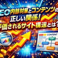 seo 内部対策とコンテンツの関係性を強調し、構造設計によって評価されるサイト全体像を示すインパクトのあるビジュアル表現