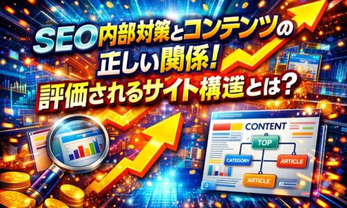 seo 内部対策とコンテンツの関係性を強調し、構造設計によって評価されるサイト全体像を示すインパクトのあるビジュアル表現