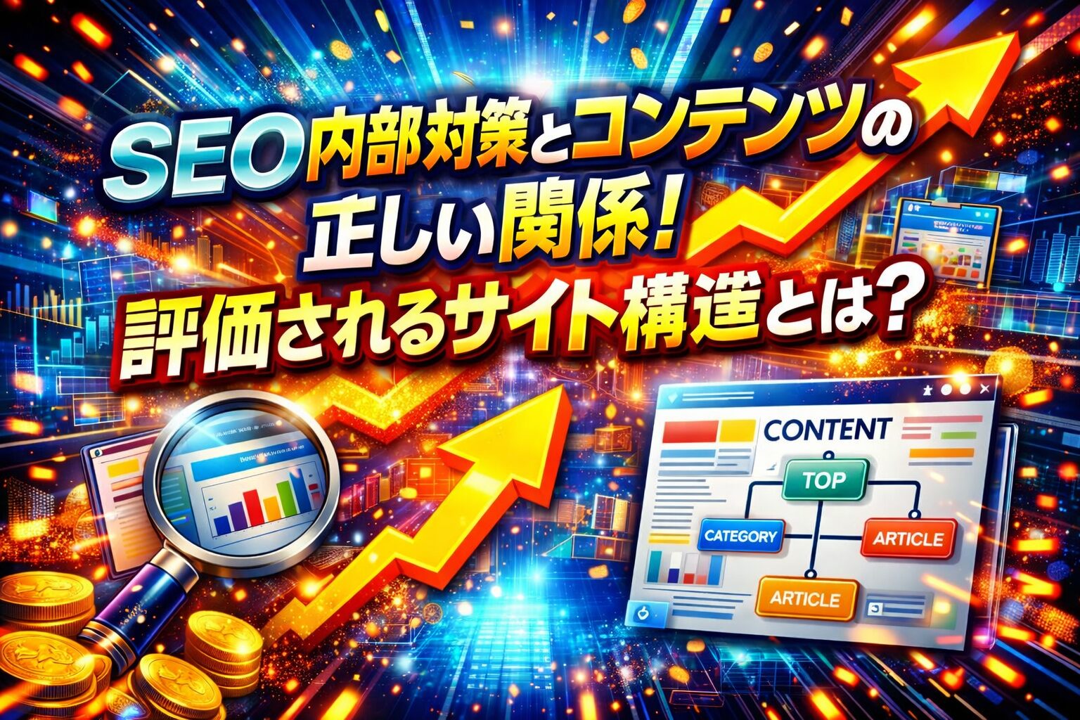 seo 内部対策とコンテンツの関係性を強調し、構造設計によって評価されるサイト全体像を示すインパクトのあるビジュアル表現