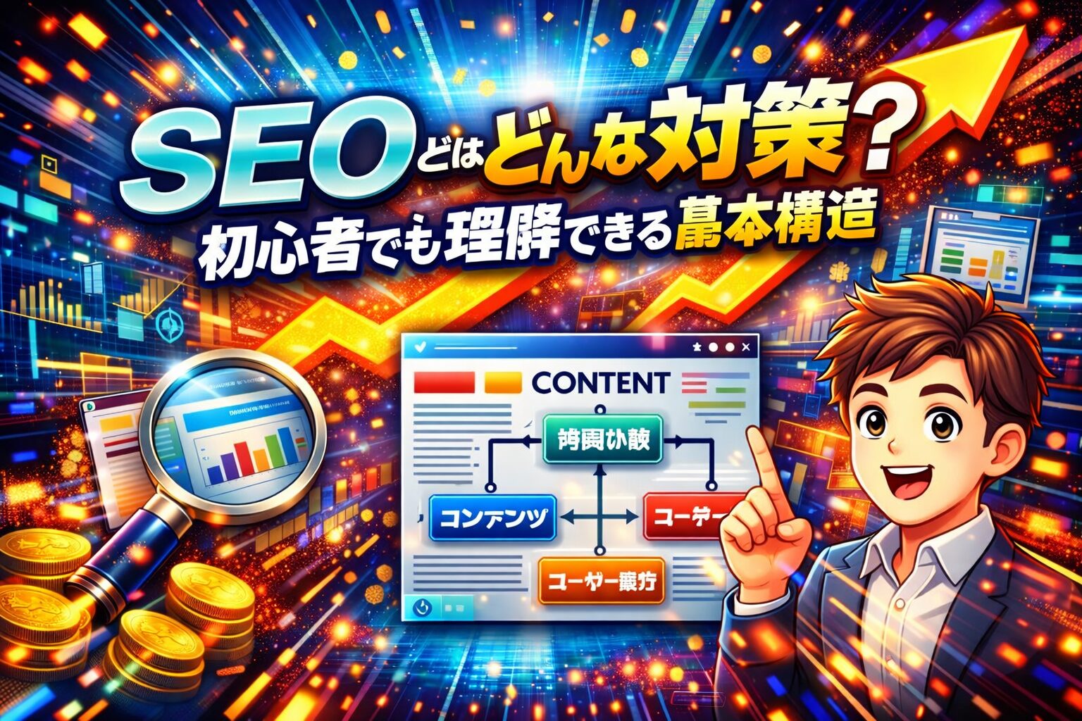 seo とはどんな対策かを初心者向けに示し、内部対策・コンテンツ・ユーザー体験の基本構造を強調する要点ビジュアル