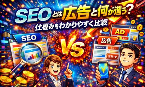 seo と広告の違いを対比構造で示し、自然検索と広告配信の仕組みや費用対効果の考え方を分かりやすく整理した構成