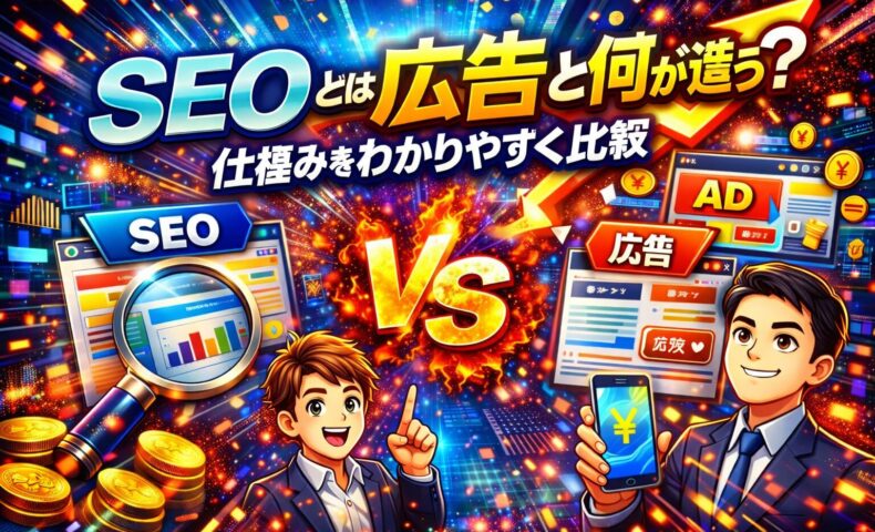 seo と広告の違いを対比構造で示し、自然検索と広告配信の仕組みや費用対効果の考え方を分かりやすく整理した構成
