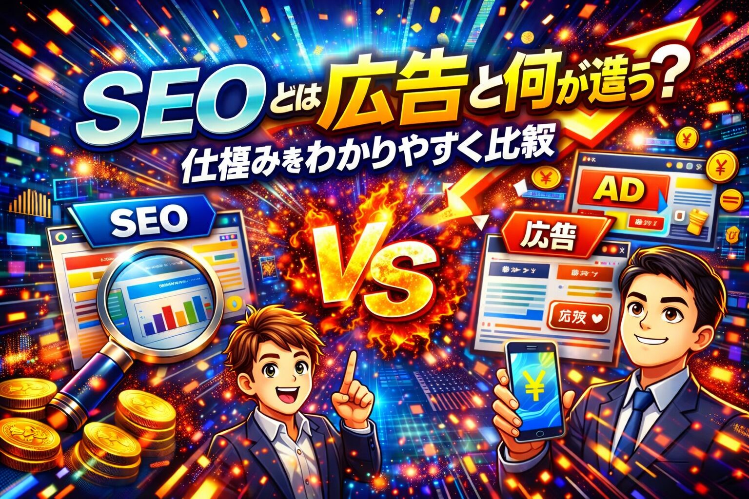 seo と広告の違いを対比構造で示し、自然検索と広告配信の仕組みや費用対効果の考え方を分かりやすく整理した構成