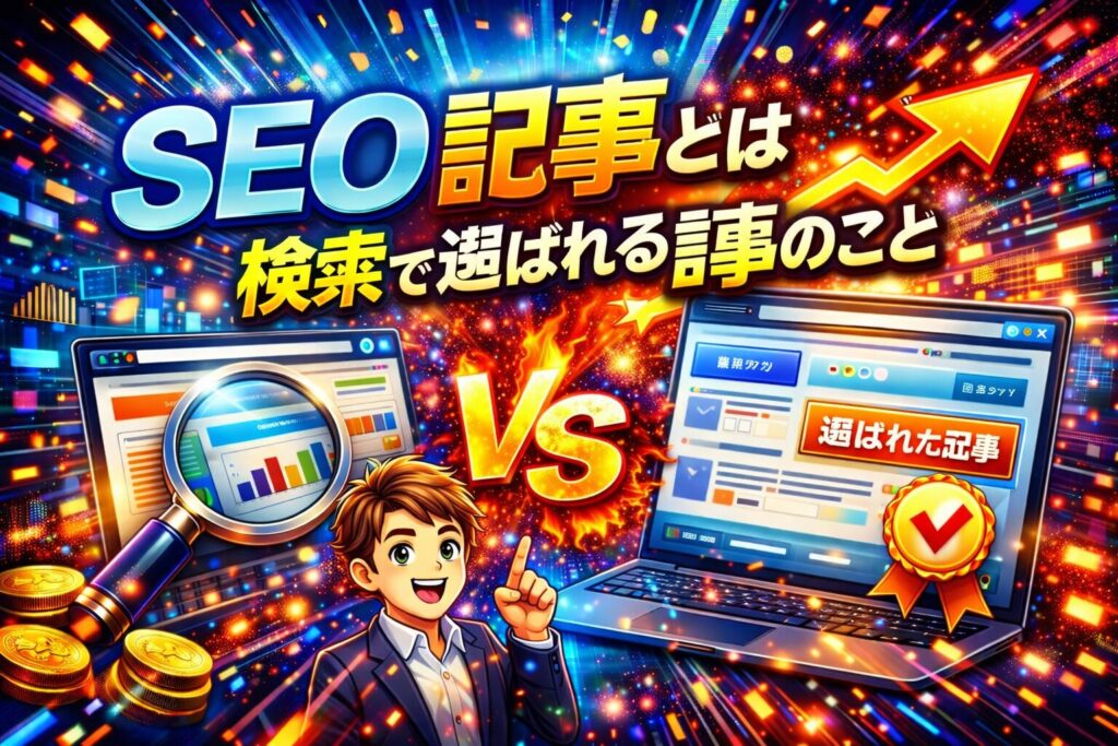 seo 記事とは何かを示し、検索結果の中から選ばれる記事の特徴や評価される仕組みを強調した構成が分かるビジュアル