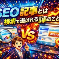 seo 記事とは何かを示し、検索結果の中から選ばれる記事の特徴や評価される仕組みを強調した構成が分かるビジュアル