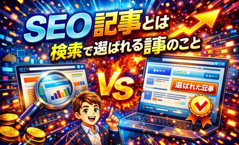 seo 記事とは何かを示し、検索結果の中から選ばれる記事の特徴や評価される仕組みを強調した構成が分かるビジュアル