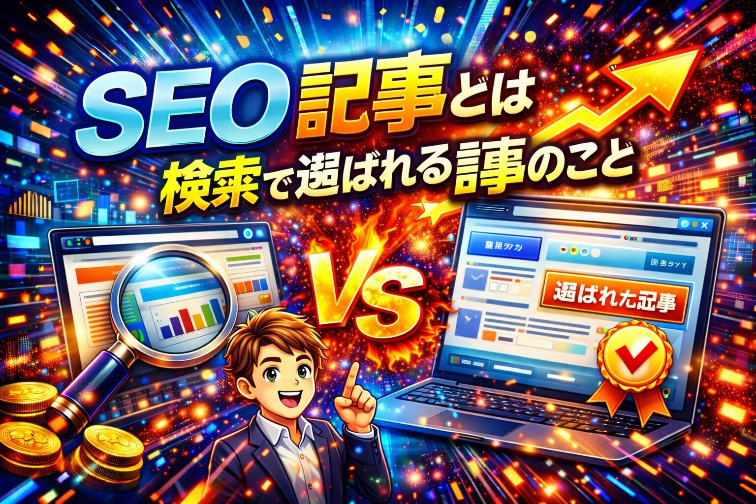 seo 記事とは何かを示し、検索結果の中から選ばれる記事の特徴や評価される仕組みを強調した構成が分かるビジュアル