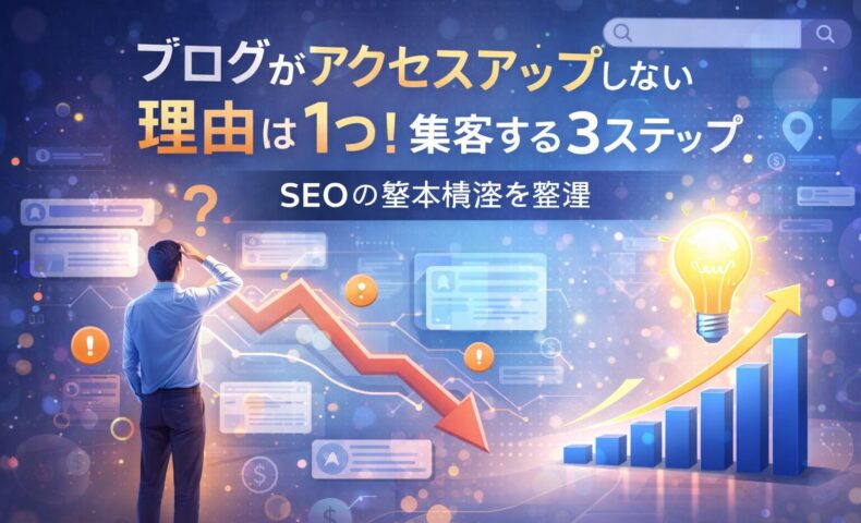 ブログのアクセスアップに悩む担当者が下落する検索流入と、SEO改善による成長の可能性を対比して考えている構図