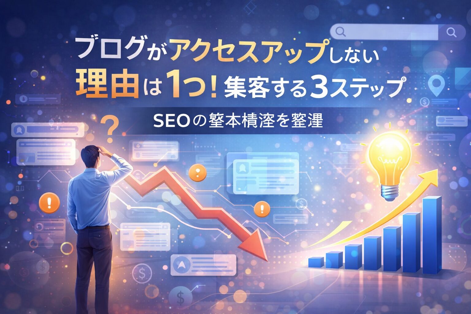 ブログのアクセスアップに悩む担当者が下落する検索流入と、SEO改善による成長の可能性を対比して考えている構図