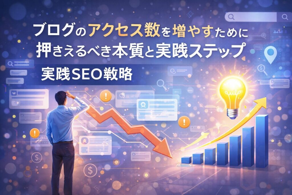 ブログのアクセス数を増やすために、現状分析と改善ポイントを整理し、成長を示すグラフと指標を用いて構造的な対策を示しているビジュアル