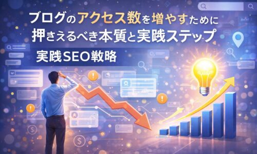 ブログのアクセス数を増やすために、現状分析と改善ポイントを整理し、成長を示すグラフと指標を用いて構造的な対策を示しているビジュアル