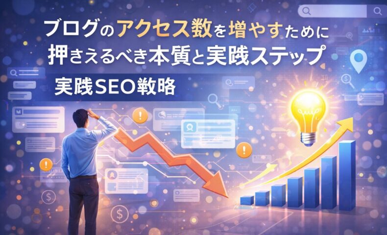 ブログのアクセス数を増やすために、現状分析と改善ポイントを整理し、成長を示すグラフと指標を用いて構造的な対策を示しているビジュアル