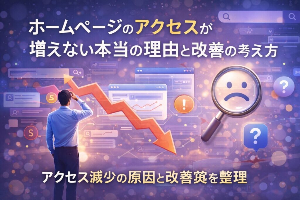 ホームページのアクセスが増えない状況を示す下向きのグラフと分析する人物を通して、原因把握と改善の必要性を視覚的に表現した構成