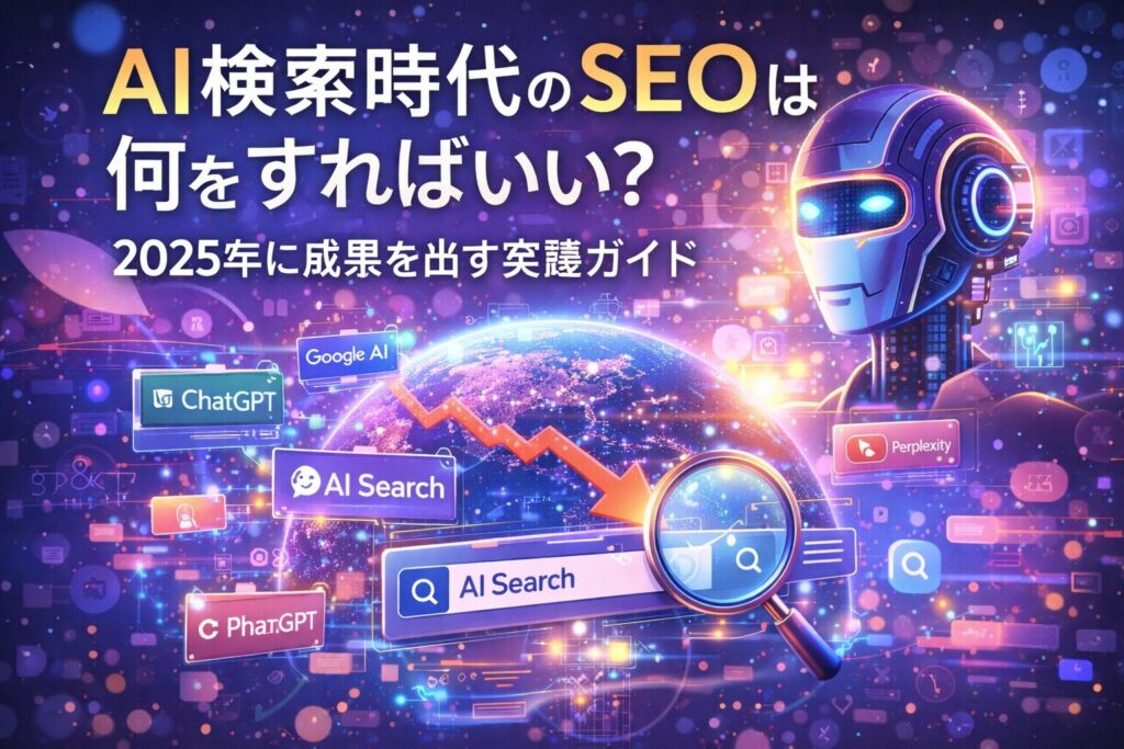 AI検索時代におけるSEOの考え方を示し、検索結果・AI回答・可視性の変化を視覚的に整理した未来的なデジタル構成