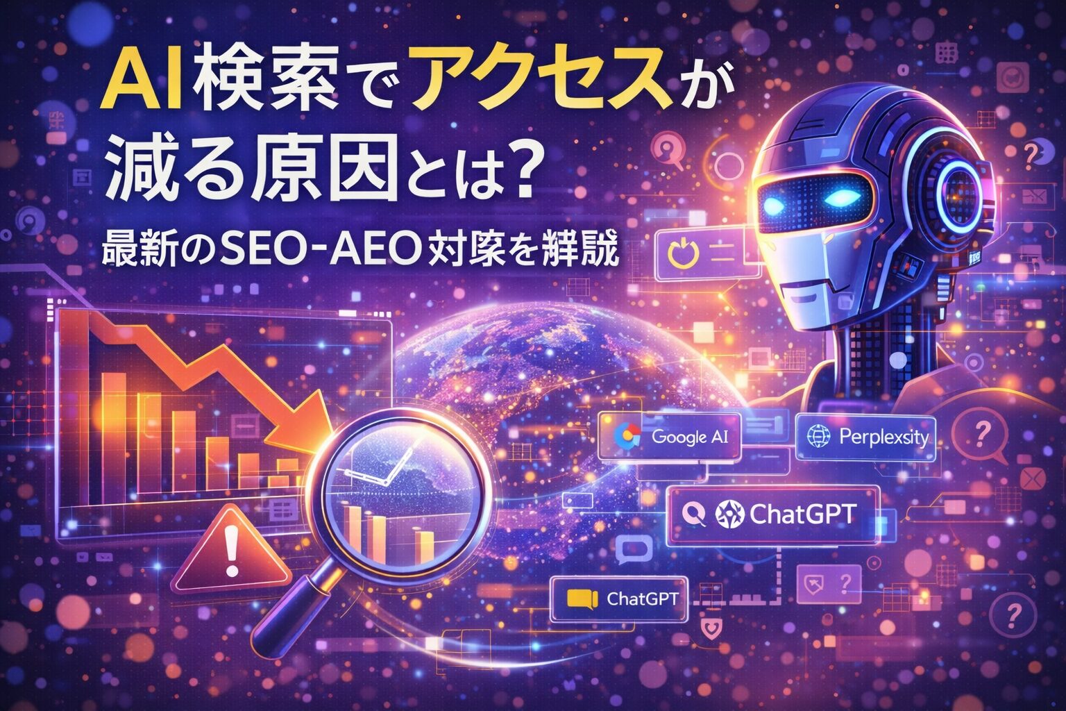 AI検索の普及により検索結果画面で回答が完結し、サイトへのアクセスが減る原因と構造変化を示す未来的なデジタル空間の表現