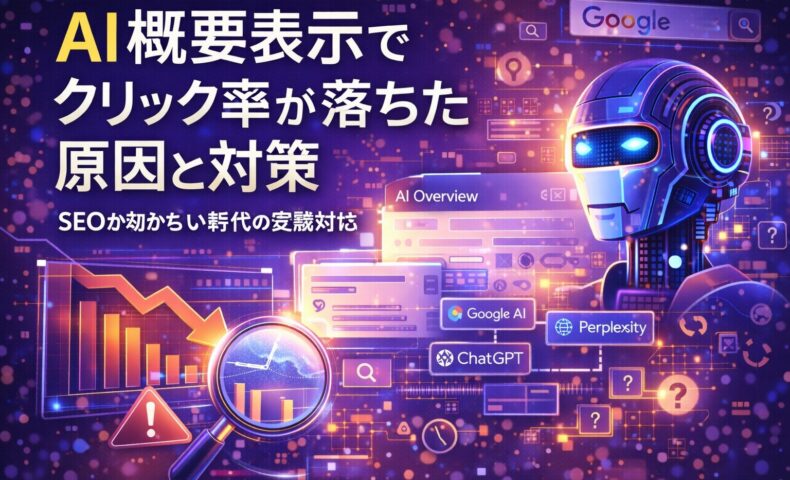 AI概要表示によって検索結果上でクリック率が落ちた状況を示す、下降グラフとAI検索画面、分析を象徴するビジュアル構成