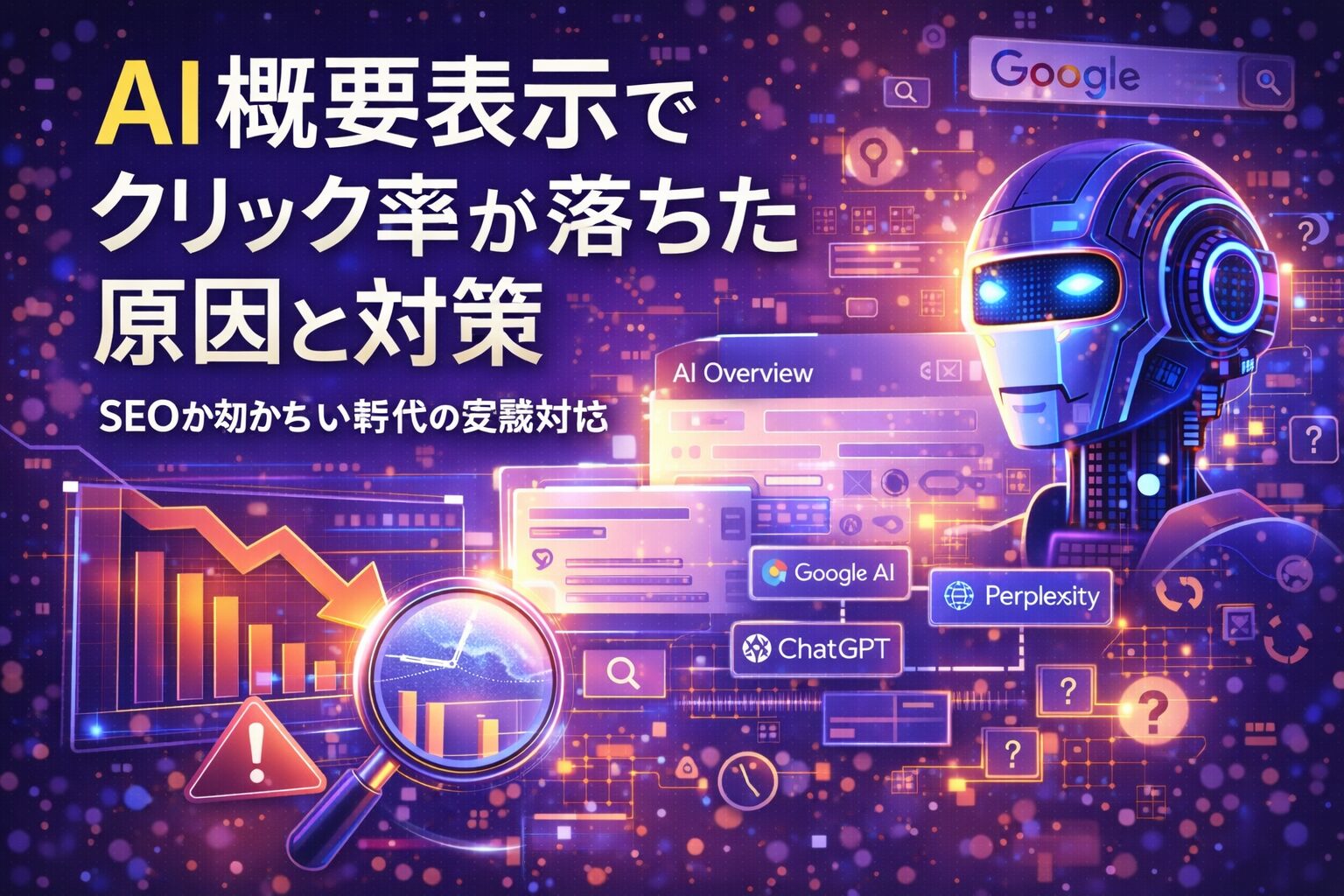 AI概要表示によって検索結果上でクリック率が落ちた状況を示す、下降グラフとAI検索画面、分析を象徴するビジュアル構成