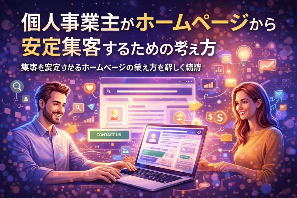 ノートパソコンの画面を中心に、集客の導線やデータが整理され、個人事業主がホームページ集客方法を体系的に設計している様子を表現したビジュアル