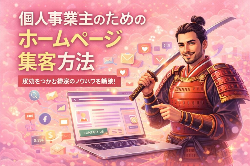 薄いピンク背景に、個人事業主がホームページ集客を仕組み化し、安定した問い合わせ導線を構築する考え方を示したビジュアル構成