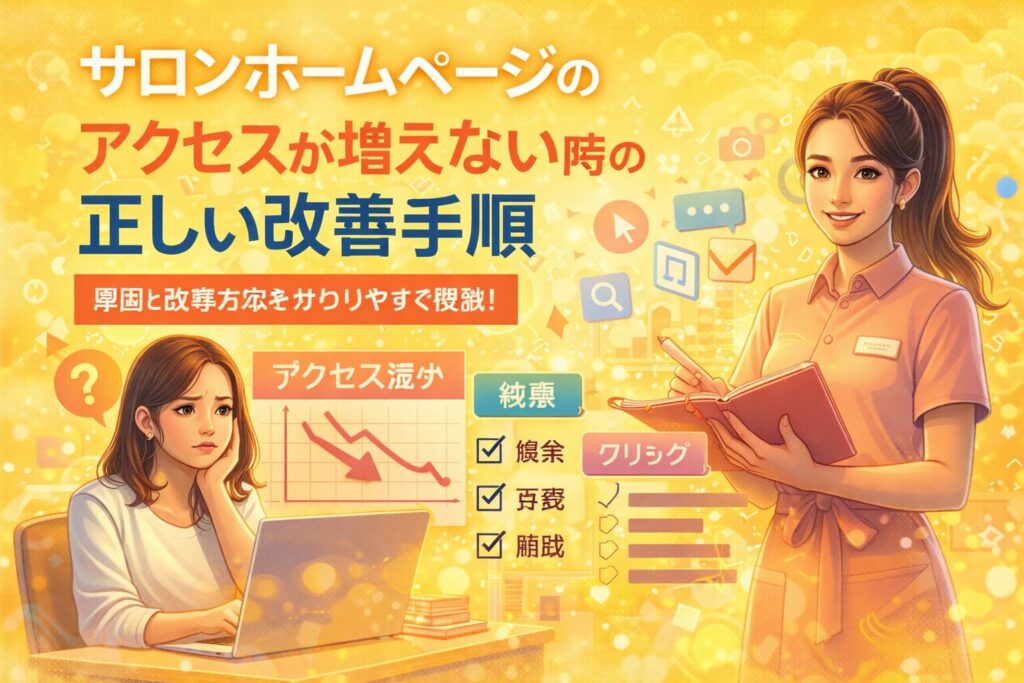 サロンのホームページでアクセスが増えない状況を、下落グラフと改善を示す人物対比で表し、原因把握と正しい改善手順を視覚的に示している