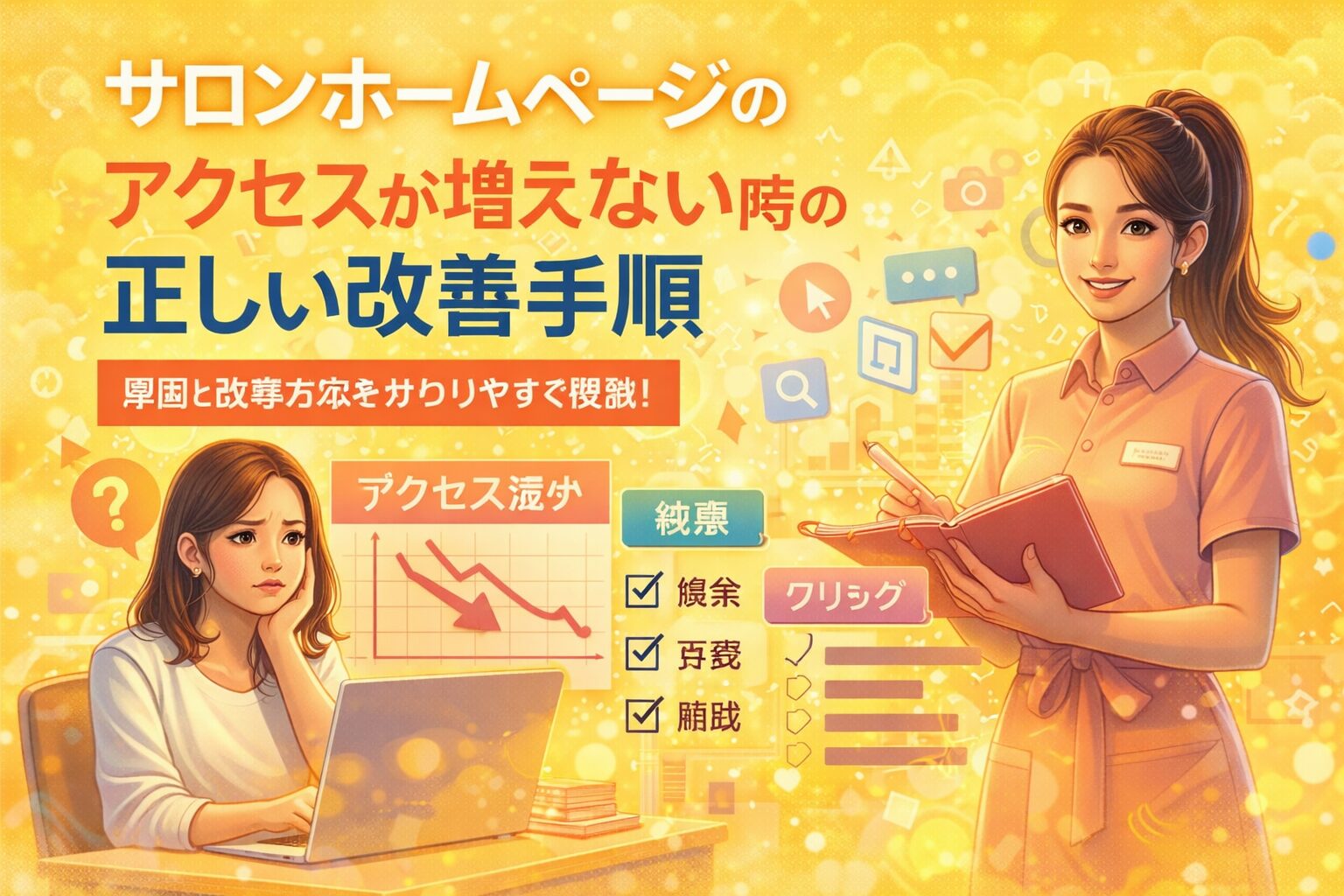 サロンのホームページでアクセスが増えない状況を、下落グラフと改善を示す人物対比で表し、原因把握と正しい改善手順を視覚的に示している