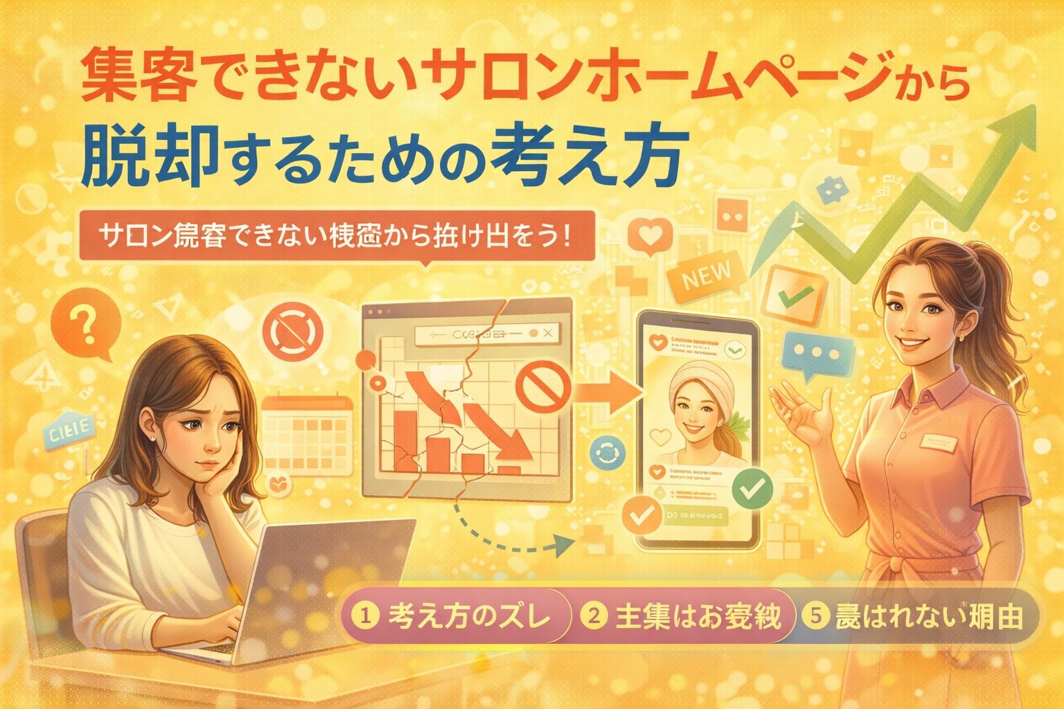 集客できず悩むサロンオーナーと、改善後に予約が増えるホームページの変化を対比で示し、サロン ホームページ 集客 増えない原因と脱却の方向性を視覚化した構成