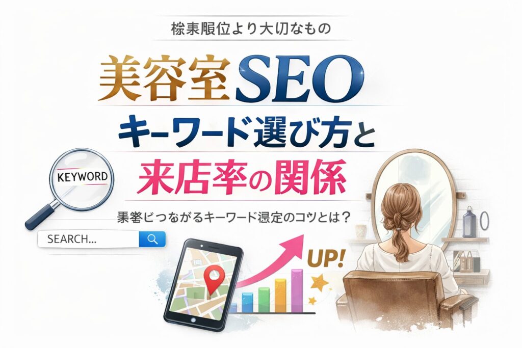 美容室SEOにおけるキーワード選び方と来店率の関係を示し、検索順位より集客成果を重視する考え方を視覚的に整理した構成