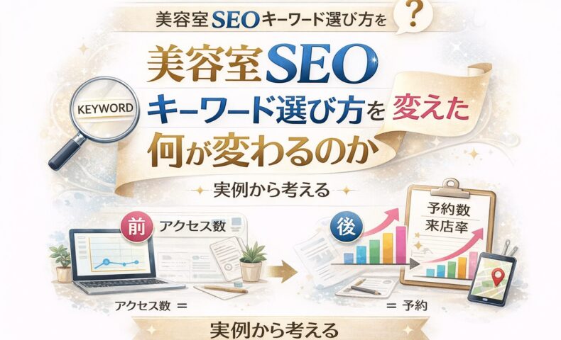 美容室SEOキーワード選び方を変える前後で、アクセス重視から予約数・来店率重視へ成果が変化する流れを示した構成