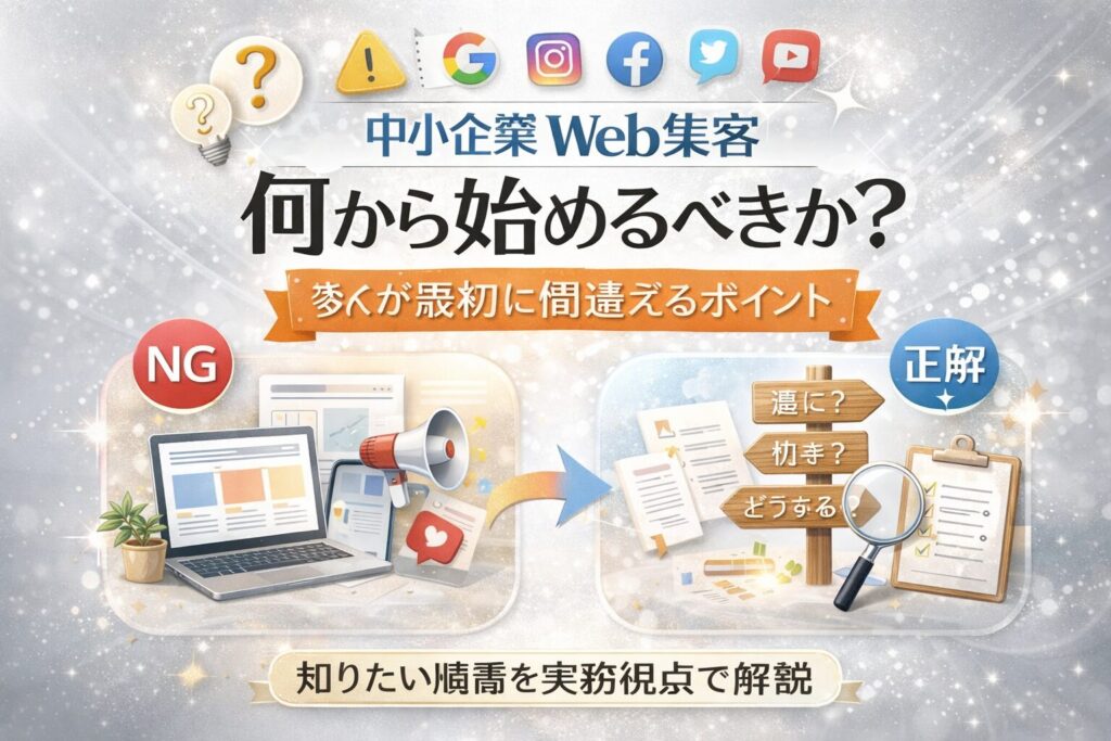 中小企業Web集客で何から始めるべきかを示し、NGな施策先行と正しい集客設計の違いを対比で整理した構成