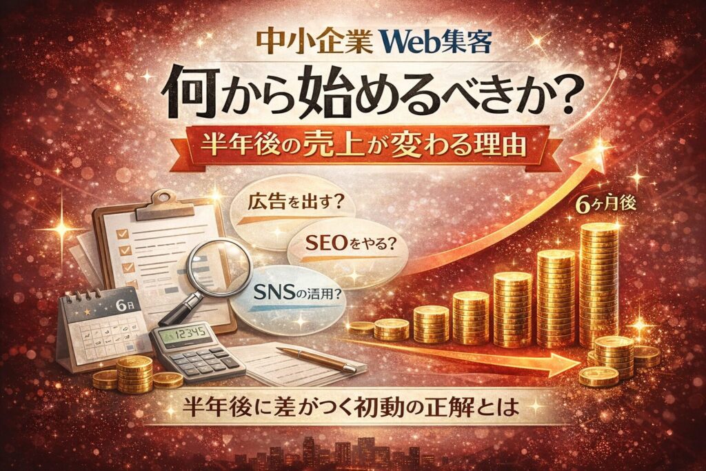 中小企業Web集客で何から始めるかによって、広告・SEO・SNSの選択が分かれ、半年後の売上成長に差が出る流れを示した構成