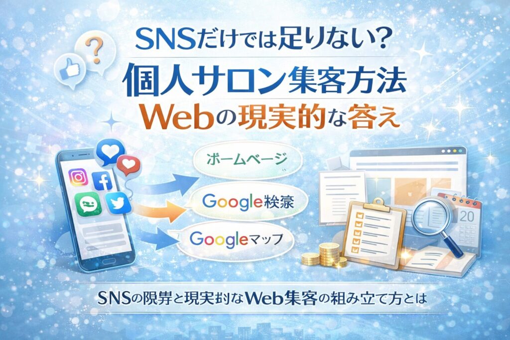 個人サロン集客方法Webとして、SNSからホームページやGoogle検索、Googleマップへ導線をつなぐ全体構造を整理した構成