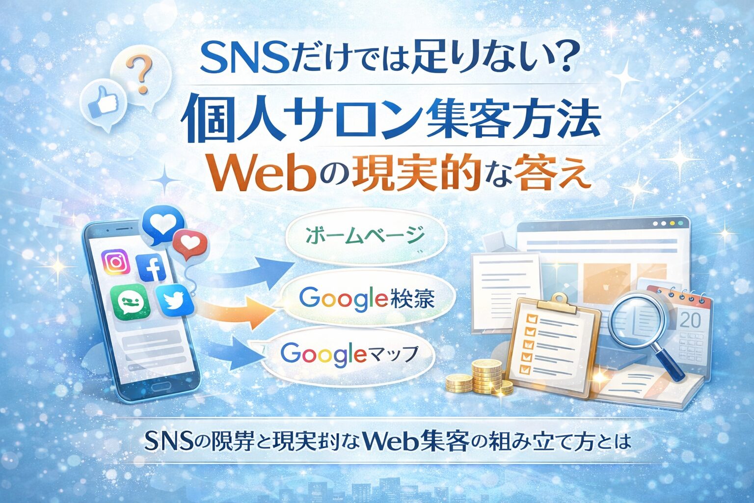 個人サロン集客方法Webとして、SNSからホームページやGoogle検索、Googleマップへ導線をつなぐ全体構造を整理した構成