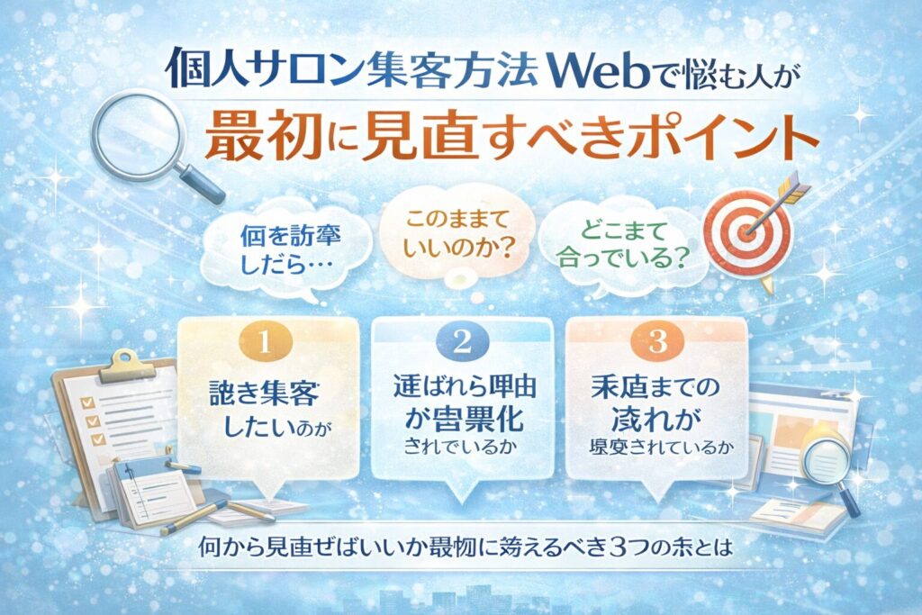 個人サロン集客方法Webで悩む人向けに、集客前に見直すべき三つのポイントを整理して示した構成