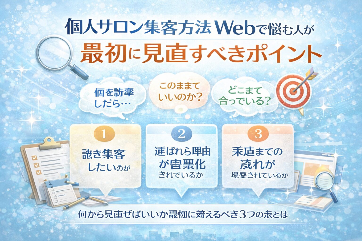 個人サロン集客方法Webで悩む人向けに、集客前に見直すべき三つのポイントを整理して示した構成