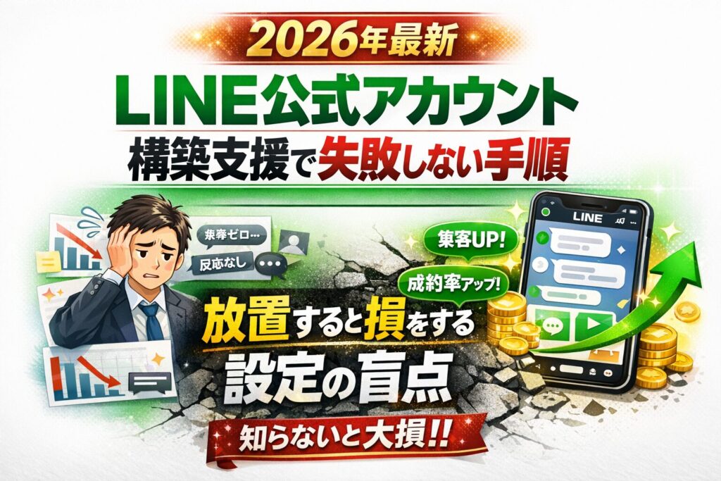 2026年最新のLINE公式アカウント構築支援をテーマに、設定不足で集客や成約を逃す事業主と、正しい設計で成果を伸ばす対比を示しているビジュアル