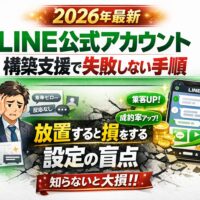 2026年最新のLINE公式アカウント構築支援をテーマに、設定不足で集客や成約を逃す事業主と、正しい設計で成果を伸ばす対比を示しているビジュアル