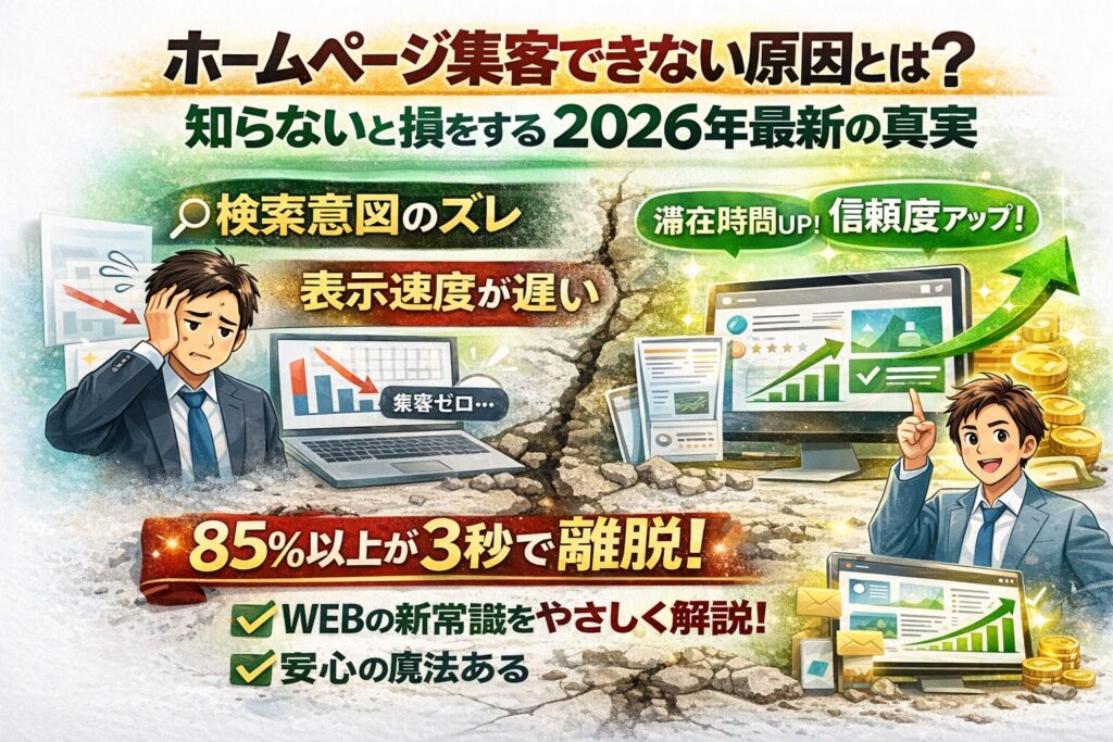 ホームページ集客ができない原因として、検索意図のズレや表示速度の遅さにより3秒以内に85％が離脱し、改善設計で成果が伸びる対比を示している構成