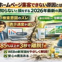 ホームページ集客ができない原因として、検索意図のズレや表示速度の遅さにより3秒以内に85％が離脱し、改善設計で成果が伸びる対比を示している構成