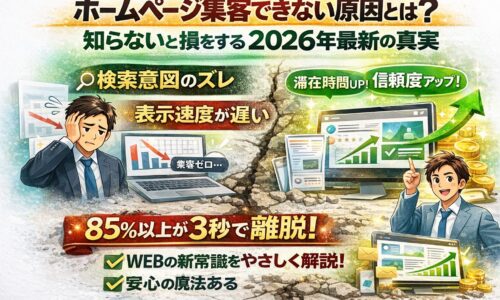 ホームページ集客ができない原因として、検索意図のズレや表示速度の遅さにより3秒以内に85％が離脱し、改善設計で成果が伸びる対比を示している構成