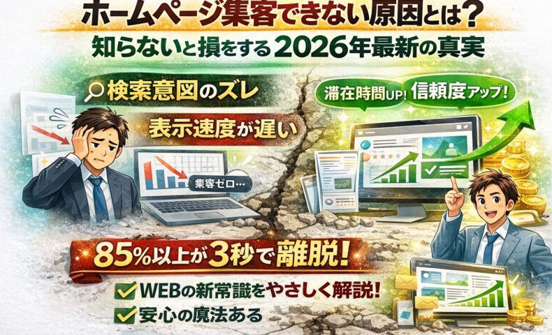 ホームページ集客ができない原因として、検索意図のズレや表示速度の遅さにより3秒以内に85％が離脱し、改善設計で成果が伸びる対比を示している構成