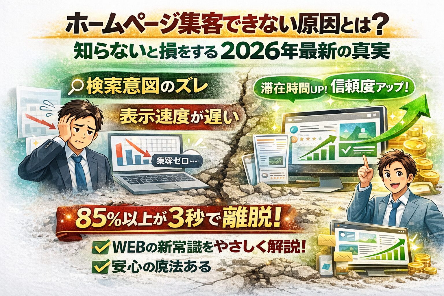 ホームページ集客ができない原因として、検索意図のズレや表示速度の遅さにより3秒以内に85％が離脱し、改善設計で成果が伸びる対比を示している構成