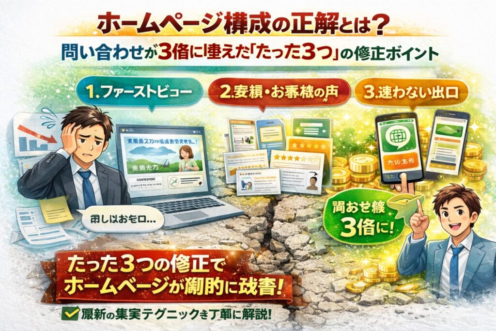 ホームページ構成を見直す前後で、問い合わせが増えない状態と3倍に伸びた状態を、情報配置・導線・成果の違いとして対比的に示している構成