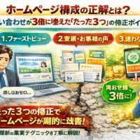 ホームページ構成を見直す前後で、問い合わせが増えない状態と3倍に伸びた状態を、情報配置・導線・成果の違いとして対比的に示している構成