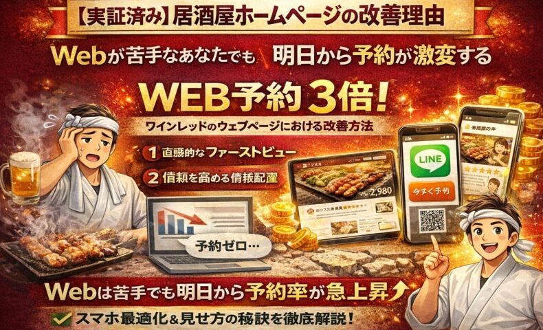 居酒屋 ホームページ改善でWEB予約3倍を狙う要点として、悩む店主とLINE予約の導線、直感的なファーストビューと信頼情報配置を示す