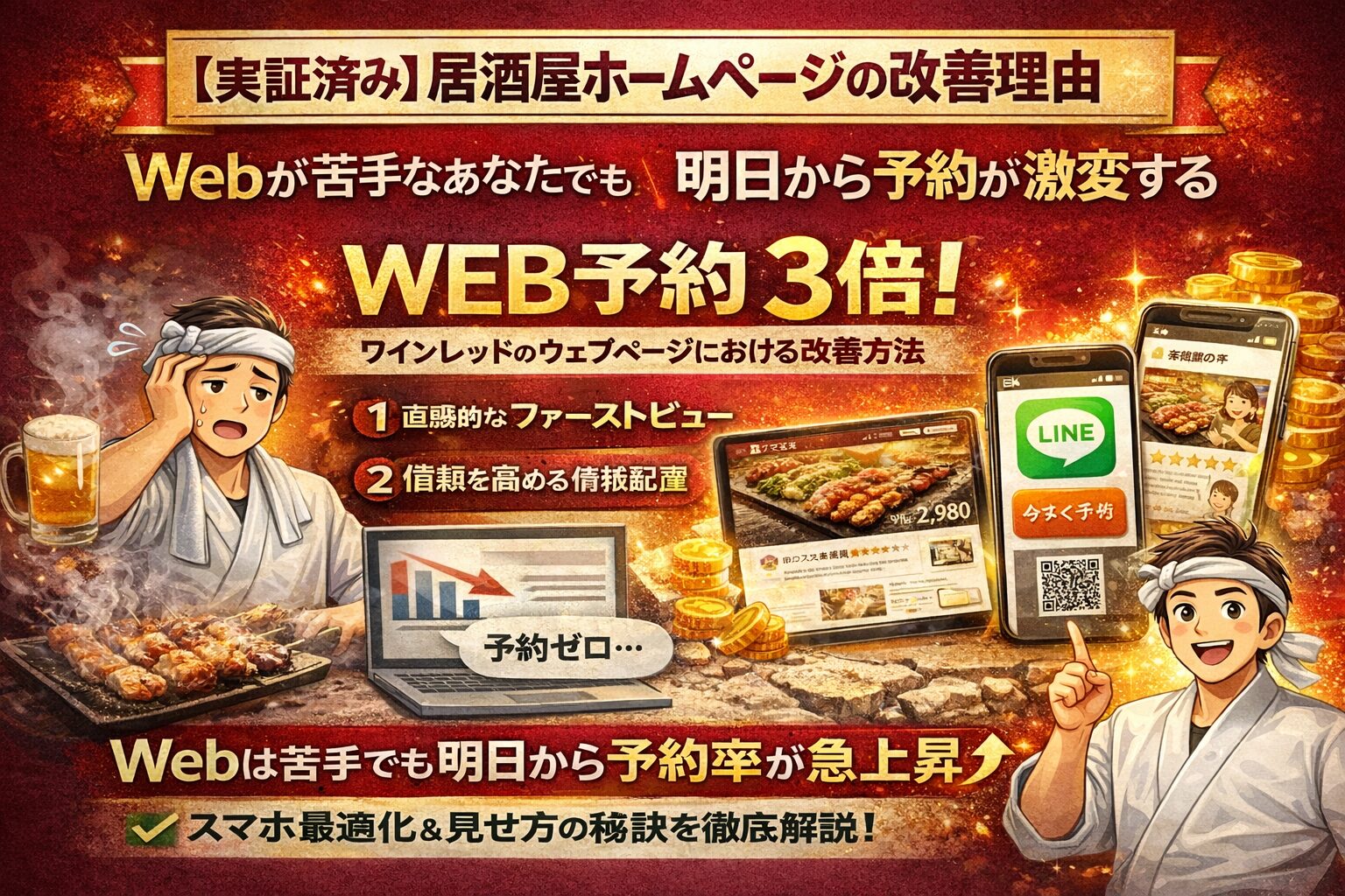 居酒屋 ホームページ改善でWEB予約3倍を狙う要点として、悩む店主とLINE予約の導線、直感的なファーストビューと信頼情報配置を示す