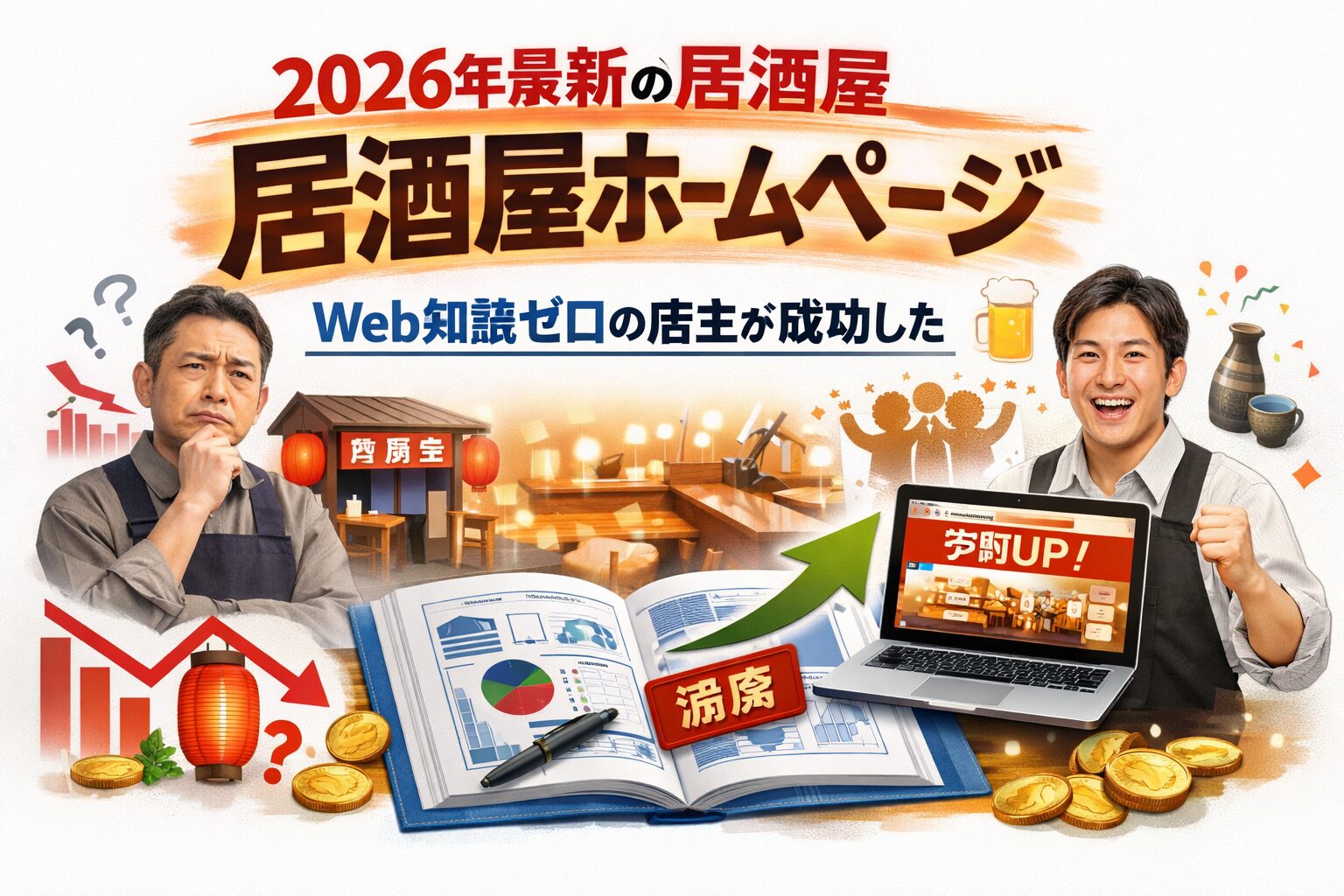 居酒屋 ホームページを改善し、Web知識がない店主でも宴会予約を増やした成功と失敗の対比と設計の流れを示した構成図